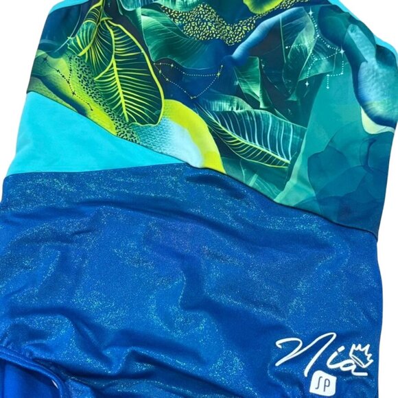 Sylvia P Nia Sparkling Blue Leaf Print Adult XS Leotard Gymnastics - Picture 2 of 4